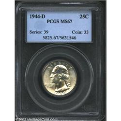 1944-D 25C MS67 PCGS. Delicate golden tinged iridescence blankets both sides, through which intense.