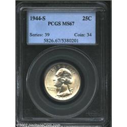 1944-S 25C MS67 PCGS. This golden tinged Superb Gem is conditionally rare. The surfaces are exceptio