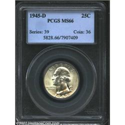 1945-D 25C MS66 PCGS. The fully lustrous surfaces exhibit well blended silver-gray and golden overto