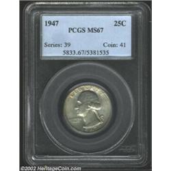 1947 25C MS67 PCGS. One of the finest PCGS-certified 1947 Quarters, the surfaces are veiled in silve