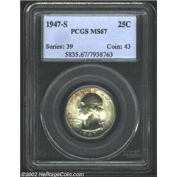 1947-S 25C MS67 PCGS. We have no doubt that this coin is 100% original. Mottled powder-blue and oran