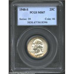 1948-S 25C MS67 PCGS. Both sides are awash in silver-gray patina that assumes a light tan cast in a.