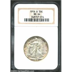 1916-D 50C MS64 NGC. Satiny luster provides the backdrop for hints of mottled golden hues that becom