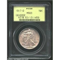 1917-D 50C Obverse MS63 PCGS. Satiny luster emerges throughout the light lavender patina. A well str