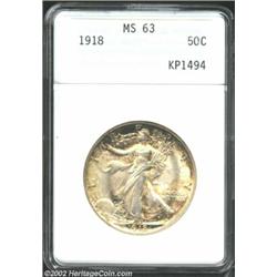 1918 50C MS63 ANACS. Champagne toning has settled into the protected areas of both sides. The luster