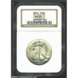 1918 50C MS65 NGC. This is an exceptionally eye-appealing Gem, with uniform olive-gold color and rad