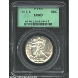 1918-S 50C MS63 PCGS. The warm silver-gray surfaces of this fine Mint State example display a pair o