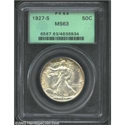 1927-S 50C MS63 PCGS. Golden-brown patina hugs the borders of this lustrous example. The reverse is.