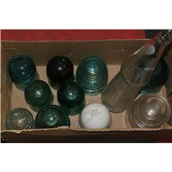 BOX OF INSULATORS AND POP BOTTLE