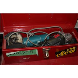 RED TOOL BOX W/ GRINDER AND DISC