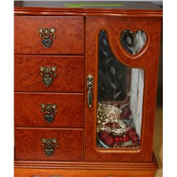WOODEN & GLASS JEWELLERY BOX WITH CONTENTS