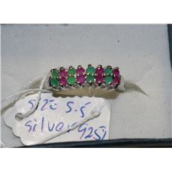 .925 SILVER NATURAL EMERALD & RUBY RING SIZE 5.5