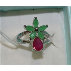 .925 SILVER NATURAL RUBY & EMERALD RING SIZE 6.5