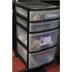 4-TIER PLASTIC STORAGE ON WHEELS FULL OF