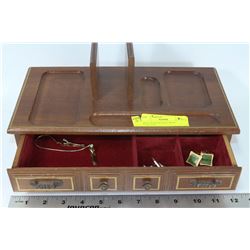 WOODEN MENS JEWELRY BOX  W/ CONTENTS