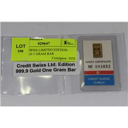 CREDIT SWISS LIMITED EDITION .9999 GOLD 1 GRAM BAR
