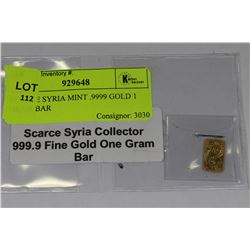 SCARCE SYRIA MINT .9999 GOLD 1 GRAM BAR