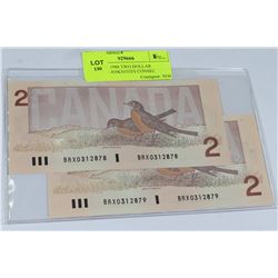 GEM UNC 1986 TWO DOLLAR "ROBIN" BANKNOTES CONSEC