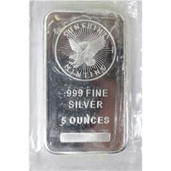 SUNSHINE MINTING .999 FINE SILVER 5oz SILVER BAR