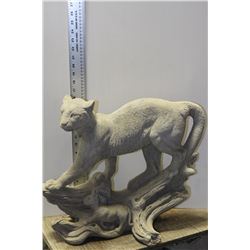 CONCRETE COUGAR ON LOG LAWN ORNAMENT