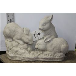 PAINTED WHITE TRIPLE BUNNY CONCRETE STATUE