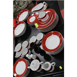 GOLD RIMMED RED & WHITE CHINA SET - SERVICE FOR 10