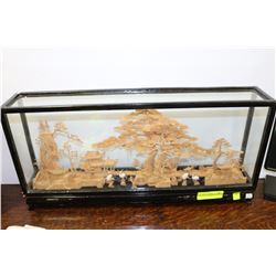 HAND CARVED CORK 3D SCENE IN WOOD & GLASS DISPLAY