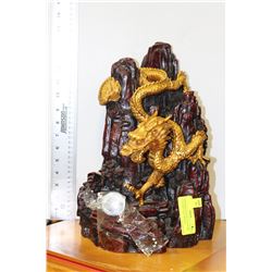 LARGE RED & BLACK SCULPTURE WITH GOLD TONE DRAGON