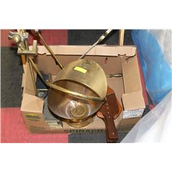 BRASS FIREPLACE SET W COAL SHUTTLE