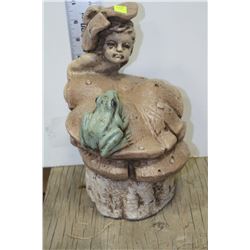 CONCRETE BOY AND FROG ON LILY PAD STATUE