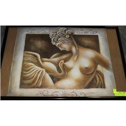 FRAMED GREEK OIL PAINTING "WOMAN & SWAN"