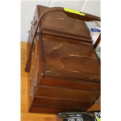 VINTAGE WOODEN SEWING BASKET WITH LEGS INSIDE