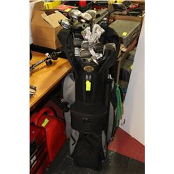 GOLF BAG WITH SOME "PING" CLUBS, BALLS, TEES, ETC