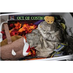 ASSORTED TUB OF HALLOWEEN DECORATIONS, COSTUMES