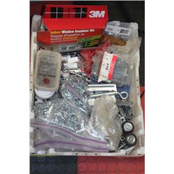 WHITE CRATE FULL OF NEW SCREWS, NUTS,