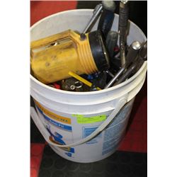 PAIL OF ASSORTED TOOLS & HARDWARE