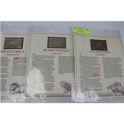 SET OF THREE 23K GOLD MONGOLIAN STAMPS