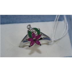 .925 SILVER NATURAL RUBY & EMERALD RING