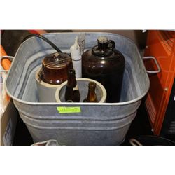 VINTAGE WASH BASIN WITH 3 JUGS & 4 BEER BOTTLES