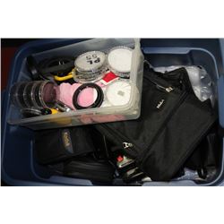 TOTE OF ASSORTED CAMERAS AND LENSES