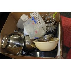 LARGE BOX OF HOUSEHOLD ITEMS CANNERS ETC