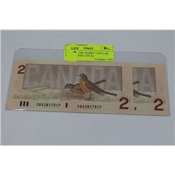 GEM UNC 1986 "ROBIN" 2 DOLLAR NOTES CONSEC S/N X2