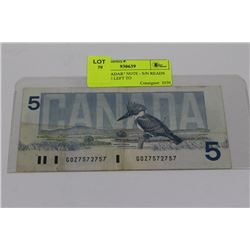 1986 $5 "RADAR" NOTE - S/N READS THE SAME LEFT TO