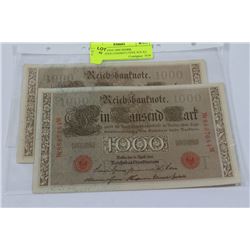 GERMAN 1910 1000 MARK BANKNOTES CONSECUTIVE S/N X2