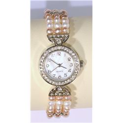 STAINLESS STEEL FRESH WATER PEARL QUARTZ WATCH