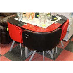 RED & BLACK CHECKERBOARD GLASS TABLE W/ CHAIRS