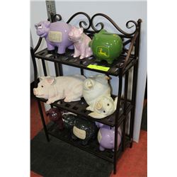 METAL RACK W PIGGY BANKS AND ORNAMENTS