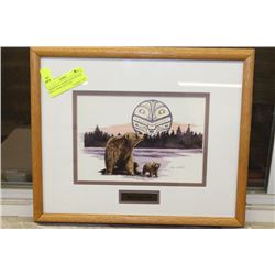 ABORIGINAL FRAMED AND SIGNED PRINT "BEAR AND CUBS"