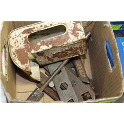 BOX WITH VINTAGE WRENCHES & VINTAGE MATCH HOLDER