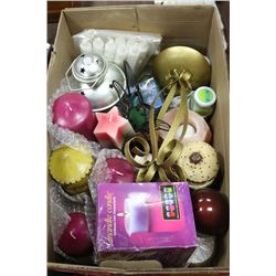 BOX W/ NEW CANDLES, CANDLE HOLDERS,